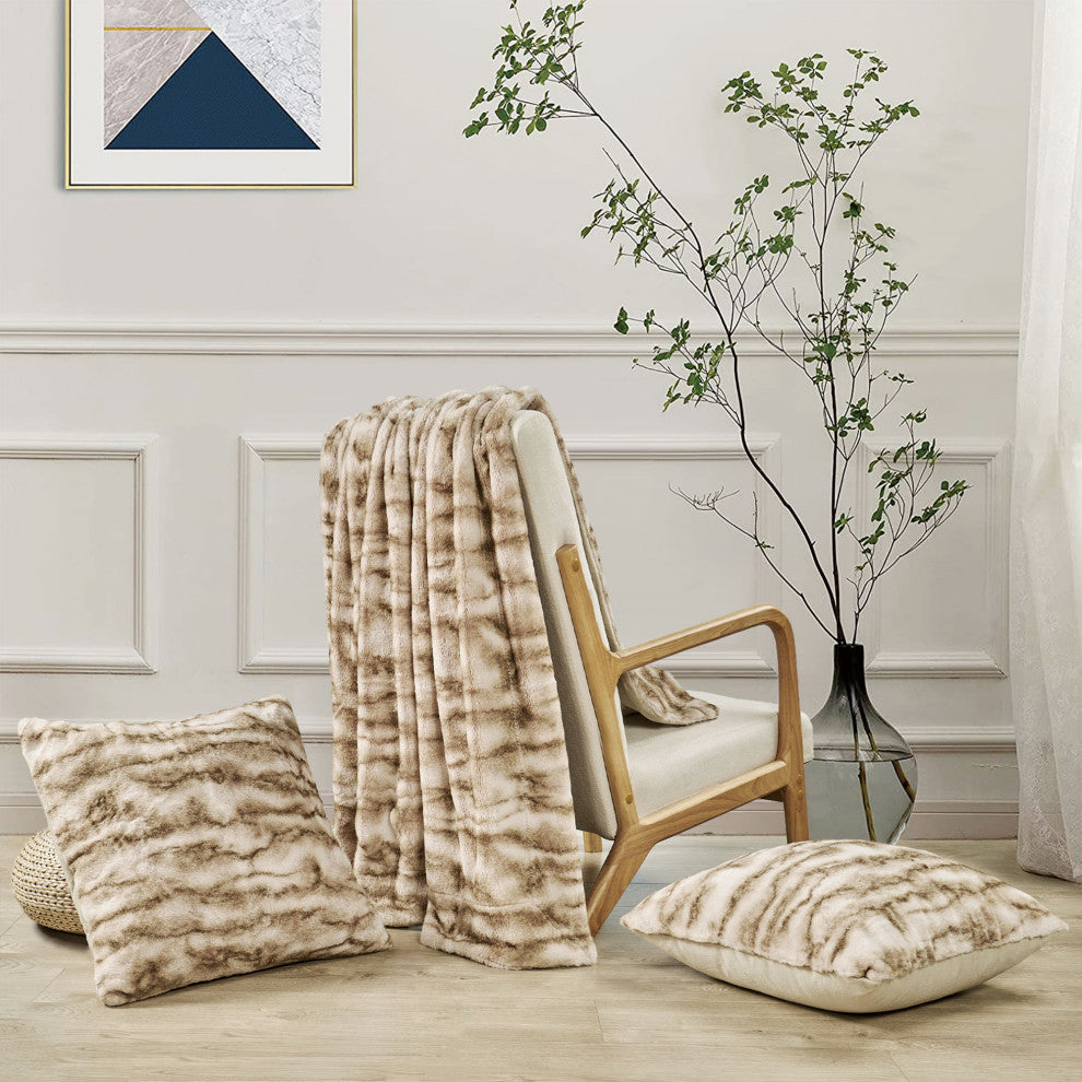 Raccoon Faux Fur Throw Blanket With 2 Pillows, Taupe, 50"x60"