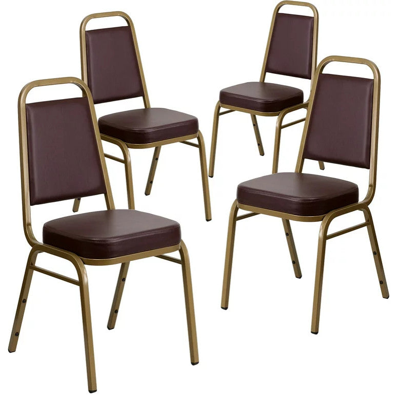 4 Pack Dining Chair, Padded Seat & Trapezoid Back, Brown Vinyl/Gold