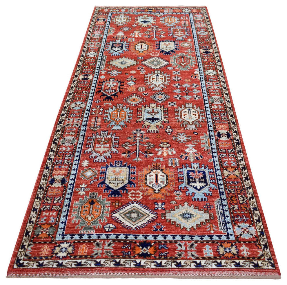Coral Red Afghan Ersari Elements Design Hand Knotted Wool Runner Rug 4'0" x 9'7"