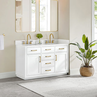 Gavino Vanity With Grain White Composite Stone Top, White/Brushed Gold, 54", No Mirror