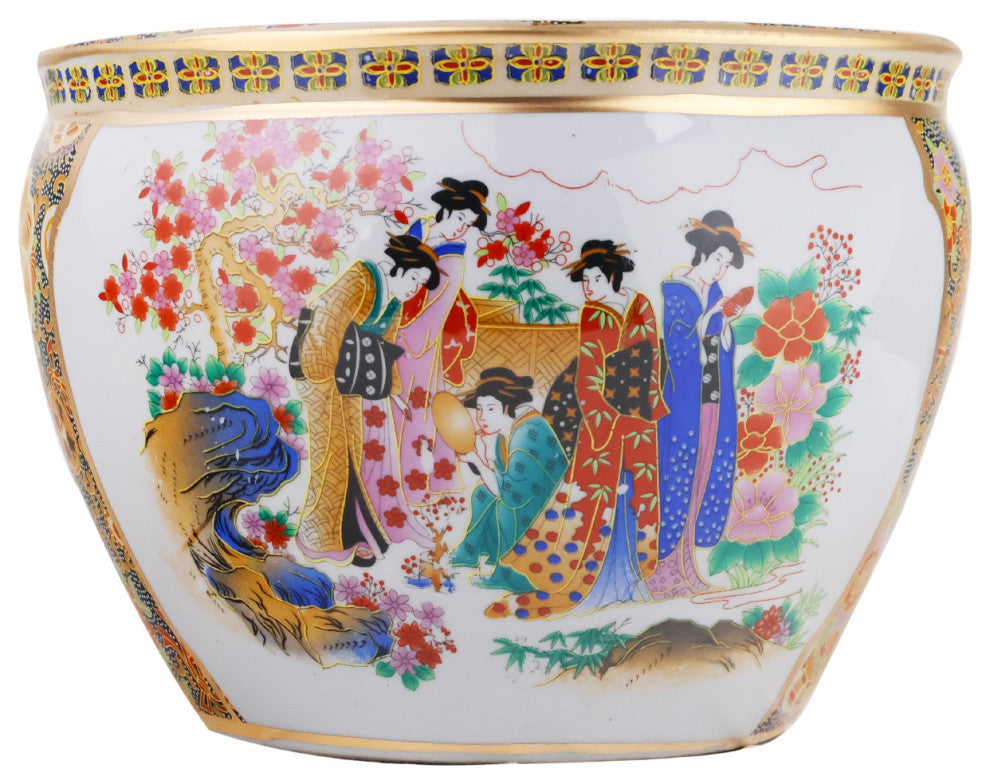 Chinese Porcelain Fish Bowl Planter, Satsuma Geishas, 8"