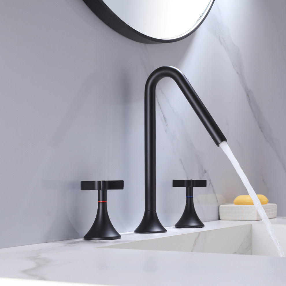 Deck Mounted Dual Cross Handles Bathroom Sink Faucet, Matte Black