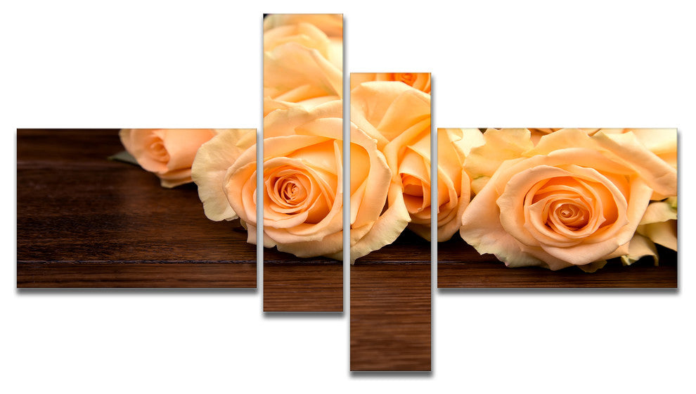 Roses on Wooden Surface Photo, Floral Canvas Art Print, 60"x32", 4 panels