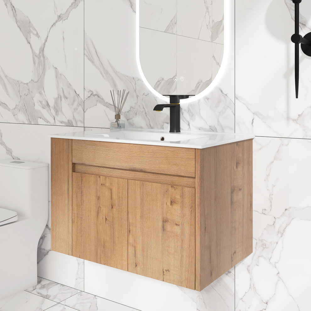 30 inch Wood Wall-Mounted Bathroom Vanity Set with Integrated Resin Sink, Imitative Oakï¼Œwhite