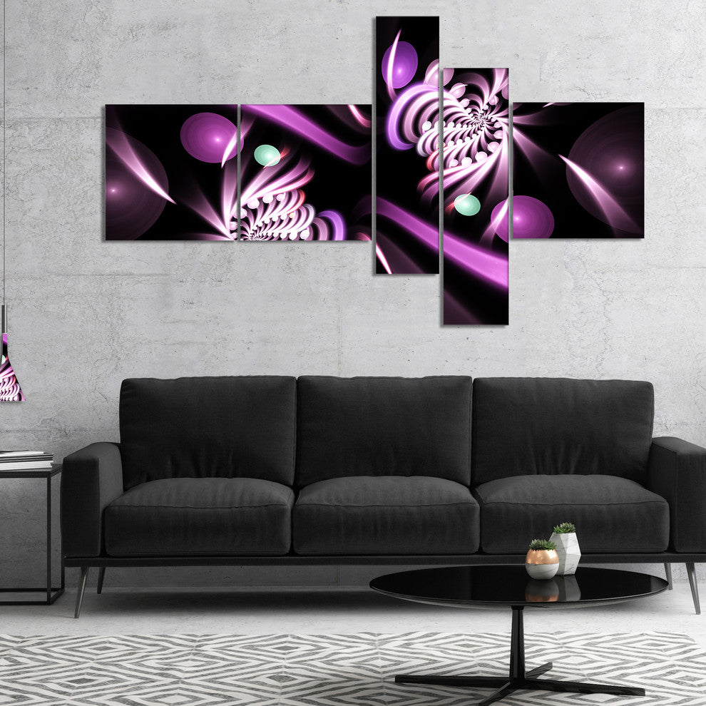 Purple on Black 3D Surreal Art, Floral Canvas Art Print, 60"x32", 5 panels