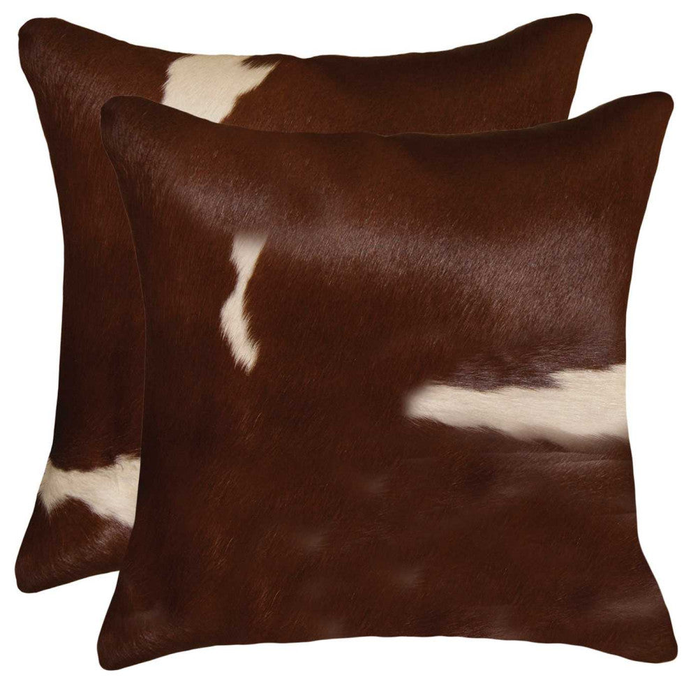 18"x18"x5" Brown and White Cowhide Pillow, Set of 2