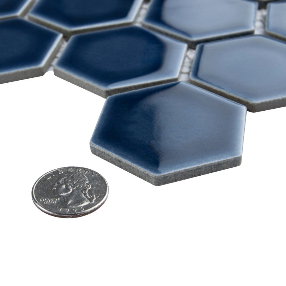 Hudson Due 2" Hex Denim Blue Porcelain Floor and Wall Tile