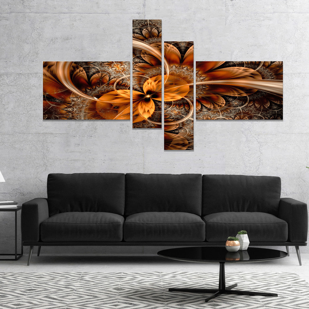 Dark Orange Fractal Flower, Abstract Canvas Art Print, 60"x32", 4 panels