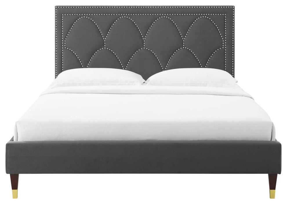 Platform Bed Frame, Nailhead, Queen Size, Charcoal Gray, Velvet, Modern