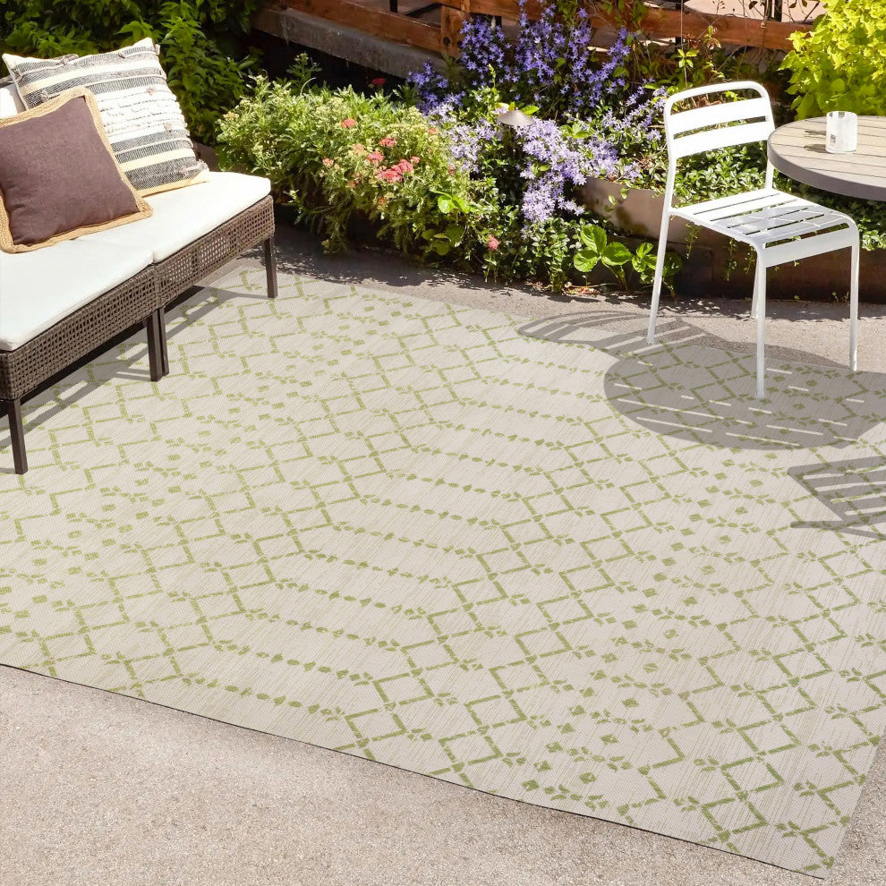 Ourika Moroccan Geometric Indoor/Outdoor Rug, Cream/Green, 8x10