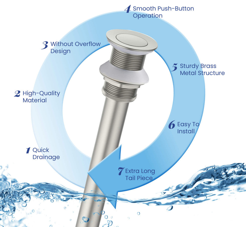 Bathroom Sink Pop Up Drain Stopper, 12" Tailpiece Without Overflow, Brushed Nickel