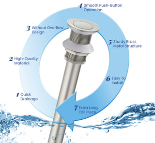 Bathroom Sink Pop Up Drain Stopper, 12" Tailpiece Without Overflow, Brushed Nickel