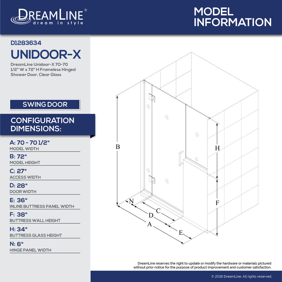 Dreamline Unidoor-X 70, 70 1/2"x72" Hinged Shower Door