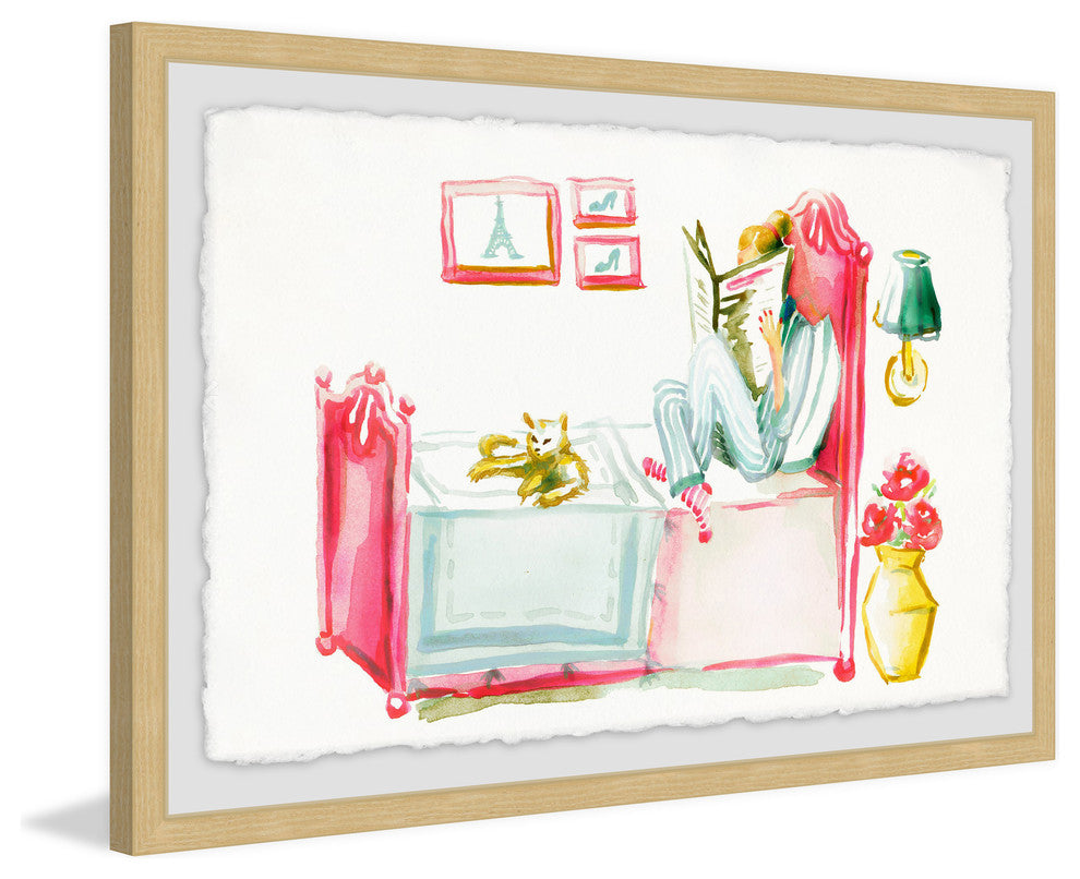 "Reading with the Cat" Framed Painting Print, 18"x12"