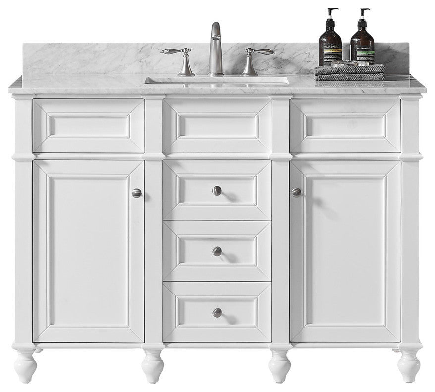 48" Single Bathroom Vanity, White with Carrara White Marble Top