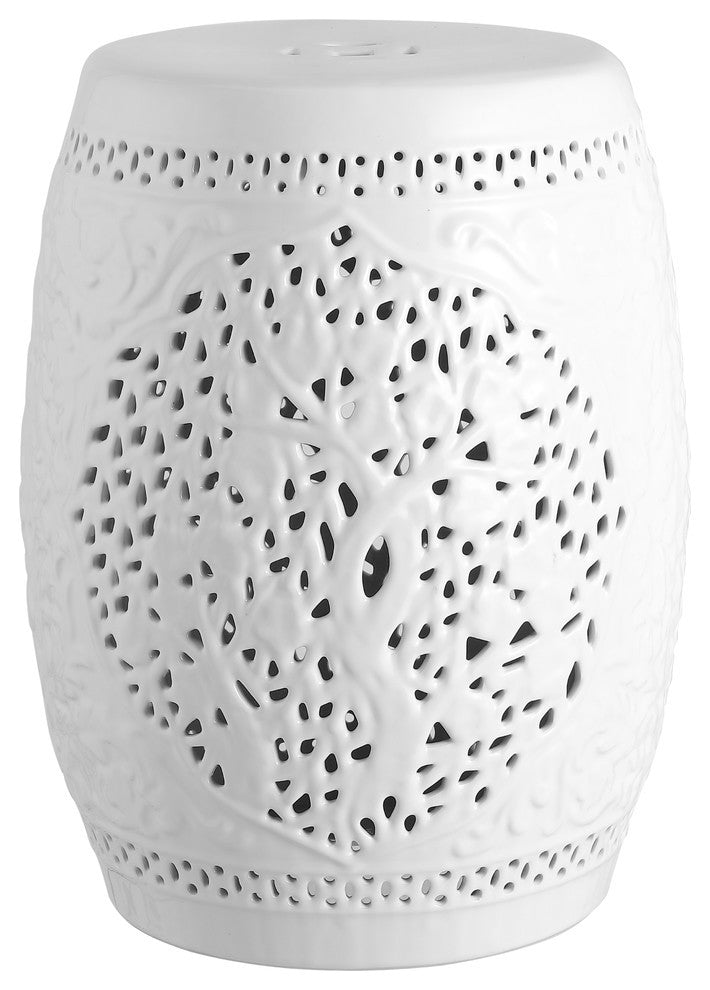 Tree of Life 18" Ceramic Garden Stool, White