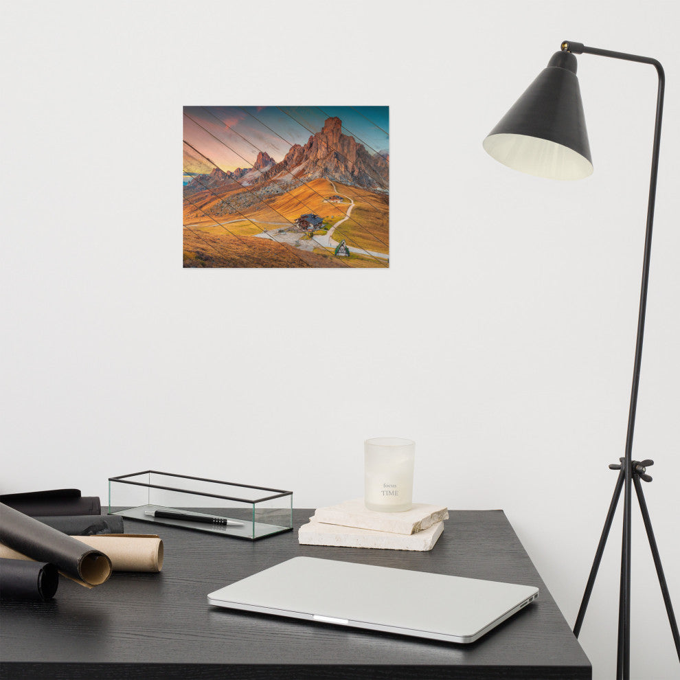 Faux Wood Majestic Sunset & Alpine Mountain Landscape Photo Wall Art Print, 11" X 14"
