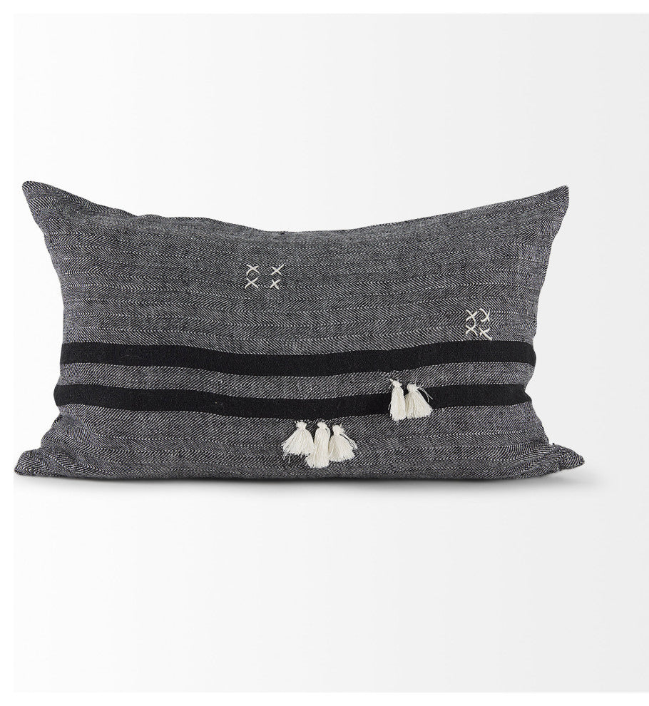 Sibyl 13"Lx21"W Black Fabric Striped/White Fringed Decorative Pillow Cover