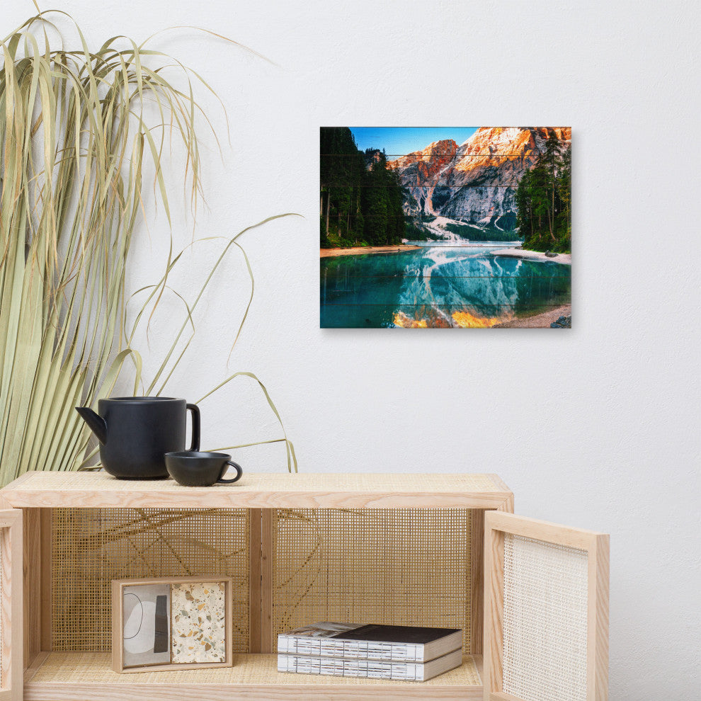 Faux Wood Misty Lake and Snow-cap Mountain Reflections Canvas Prints, 16" X 20"