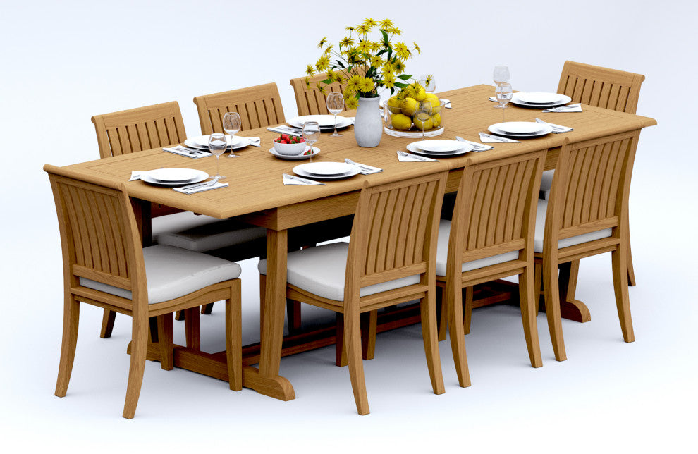 9-Piece Outdoor Teak Dining: 94" Masc Rectangle Table, 8 Lagos Armless Chairs