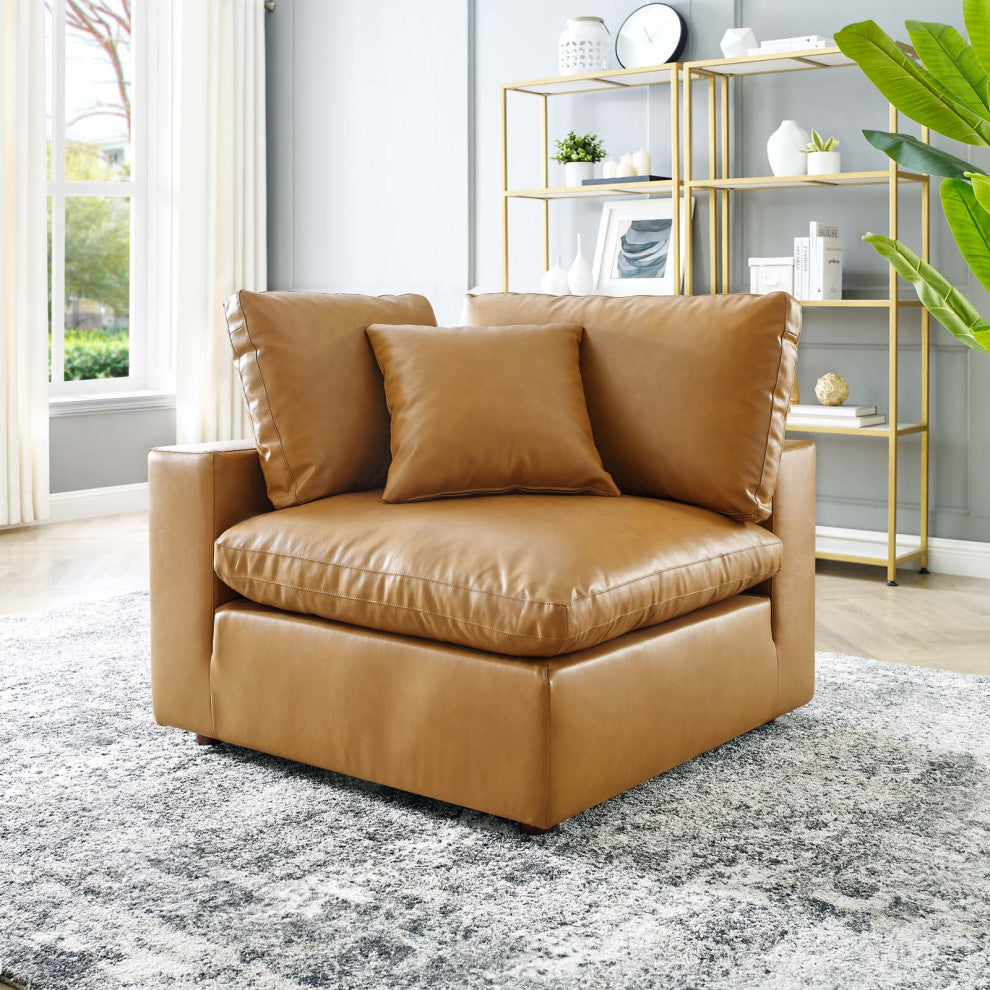 Commix Down Filled Overstuffed Vegan Leather Corner Chair Tan