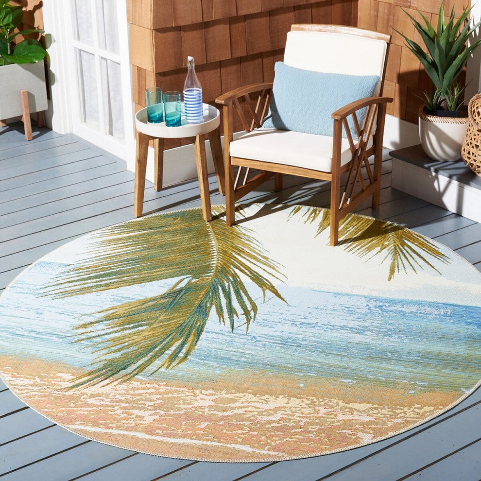 Safavieh Barbados Collection Indoor-Outdoor BAR560 Rug, Gold/Blue, 5'3" Round