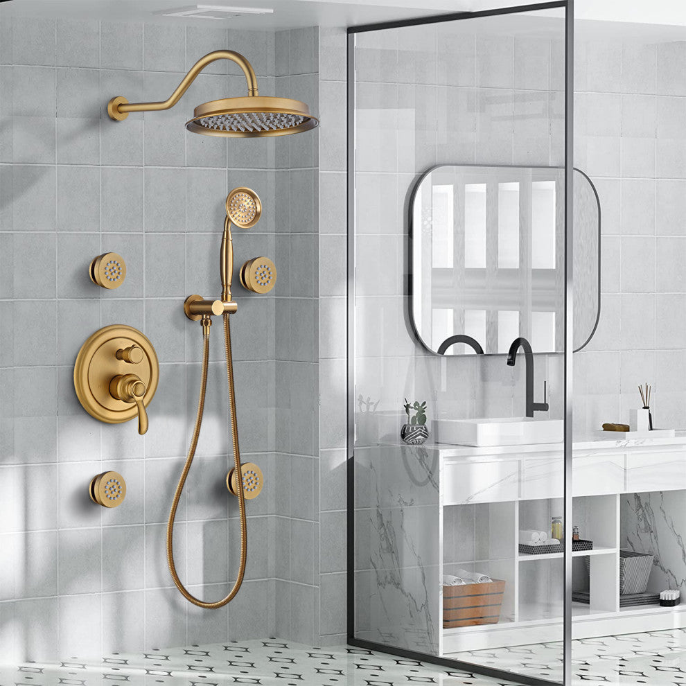Antique Shower System with 4 Body Jets and Shower Valve, Brushed Gold