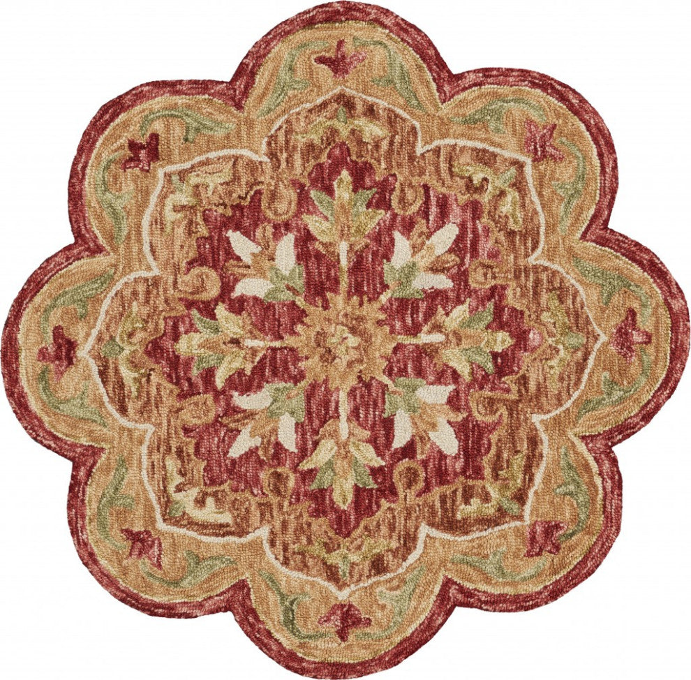 6??Round Rustic Red Scalloped Edge Area Rug