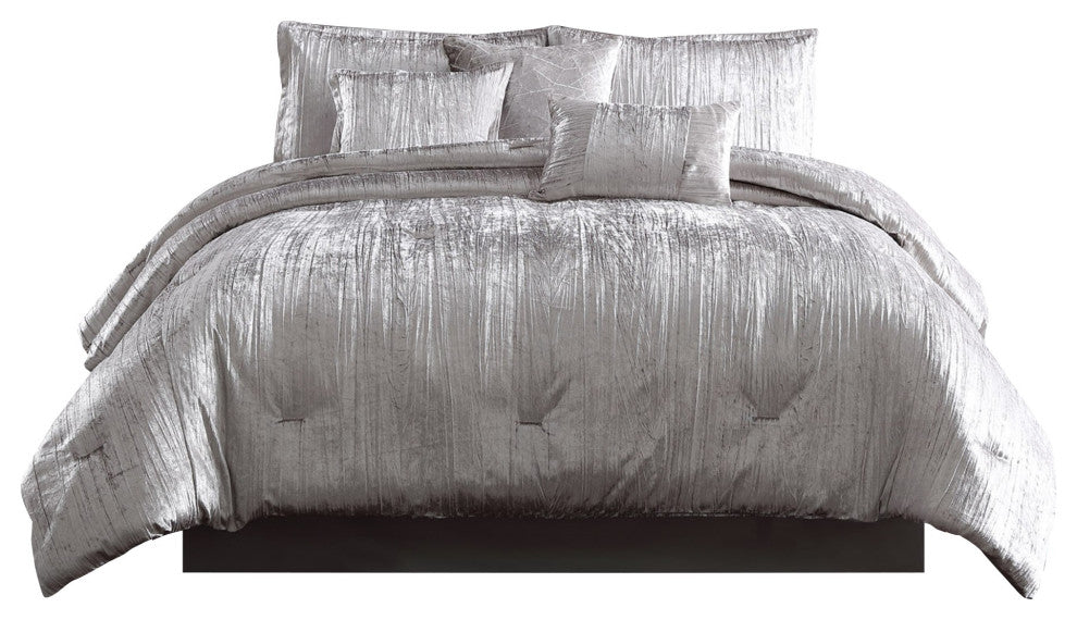 Benzara BM246990 6 Piece Twin Comforter Set With Shimmering Appeal, Silver