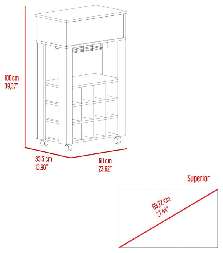 Ace Bar Cart with 12 Wine Cubbies, 4 Legs, and Open Shelf, Carbon Espresso