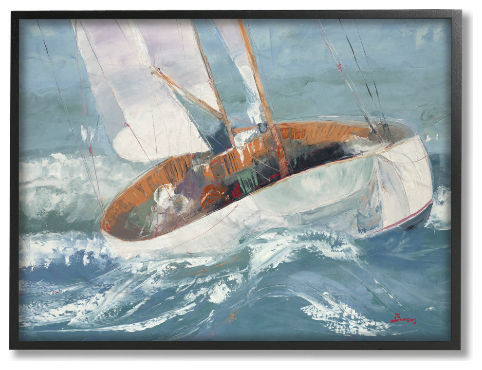 Sailboat Sea Slopes Ocean Blue Brown Beach Painting, 24"x30", Black Frame