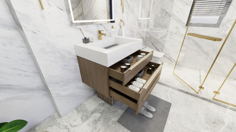 Madison 30" Wall Mounted Vanity With Reinforced Acrylic Sink, Light Oak