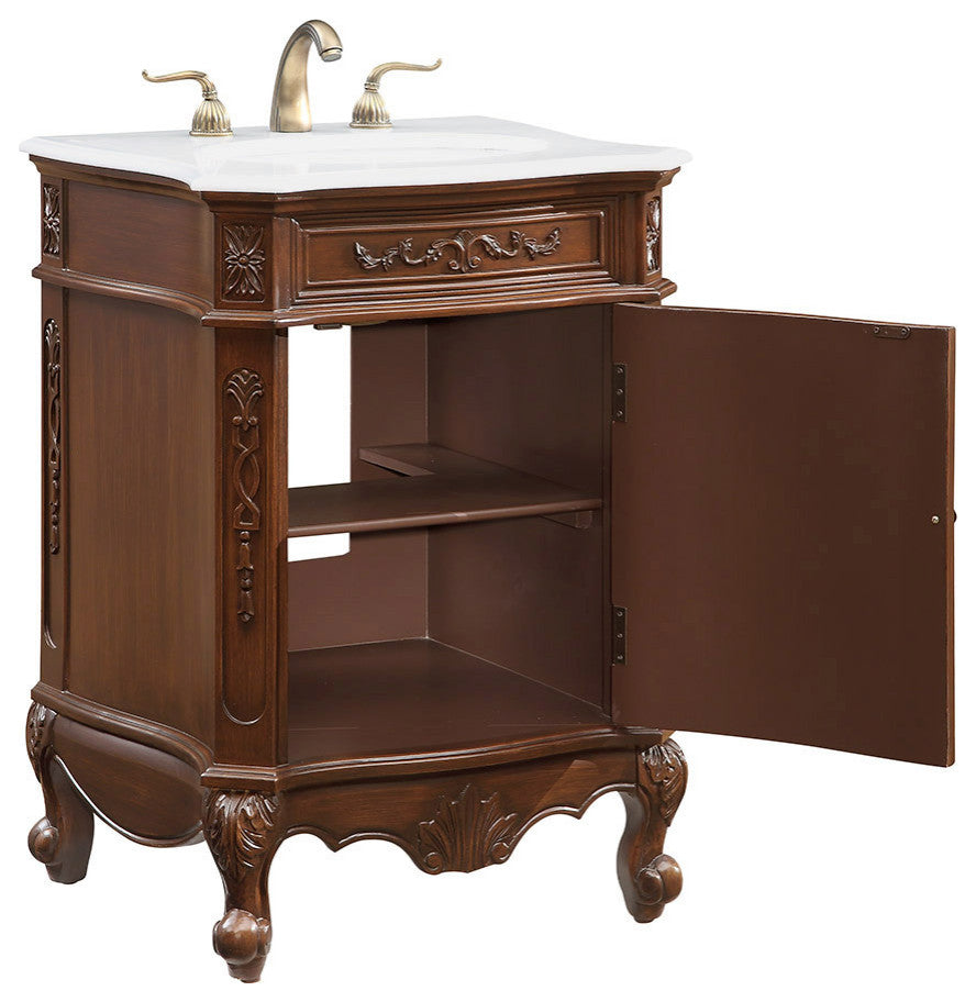 24" Single Bathroom Vanity in brown, with Ivory White Engineered Marble