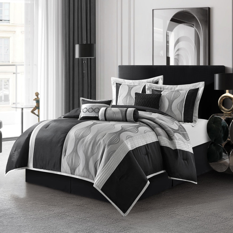 Kath 7-Piece Jacquard Comforter Set, Black Silver, King