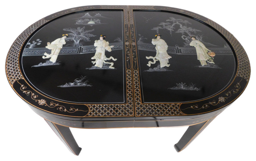 Black Lacquered With Mother Of Pearl Oriental Dining Table Set
