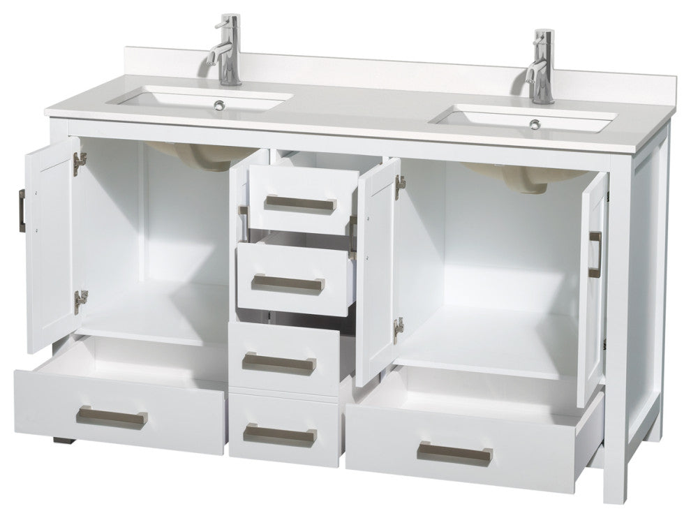 Sheffield 60" White Double Vanity, White Quartz Top, Square Sinks, No Mirror