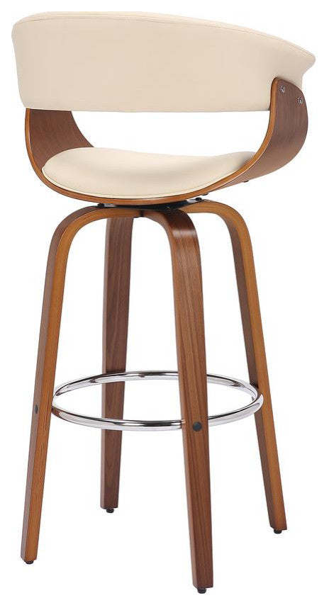 Julyssa 30" Bar Height Swivel Cream Faux Leather and Walnut Wood Bar Stool