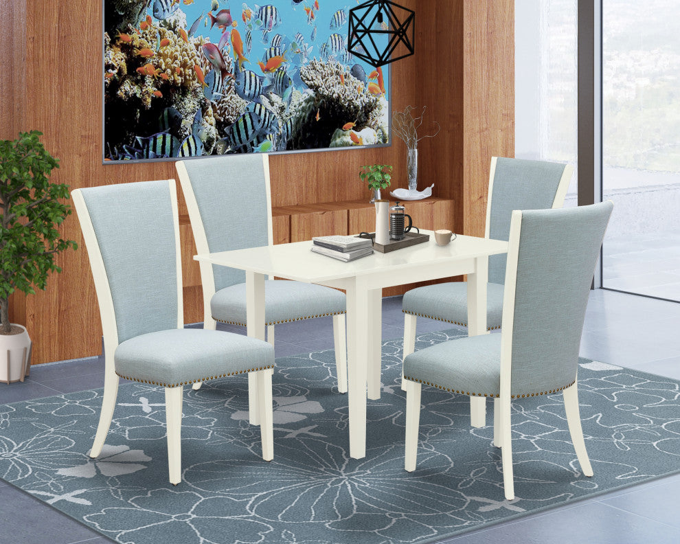 A Dinette Set Of 4 Chairs, Drop Leaf Rectangle Table, Linen White
