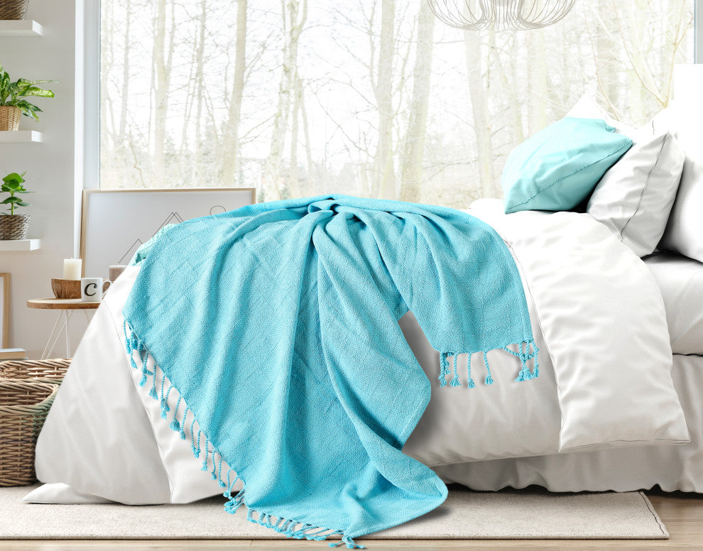 Checkered Weave Throw Blanket with Fringe, Angel Blue