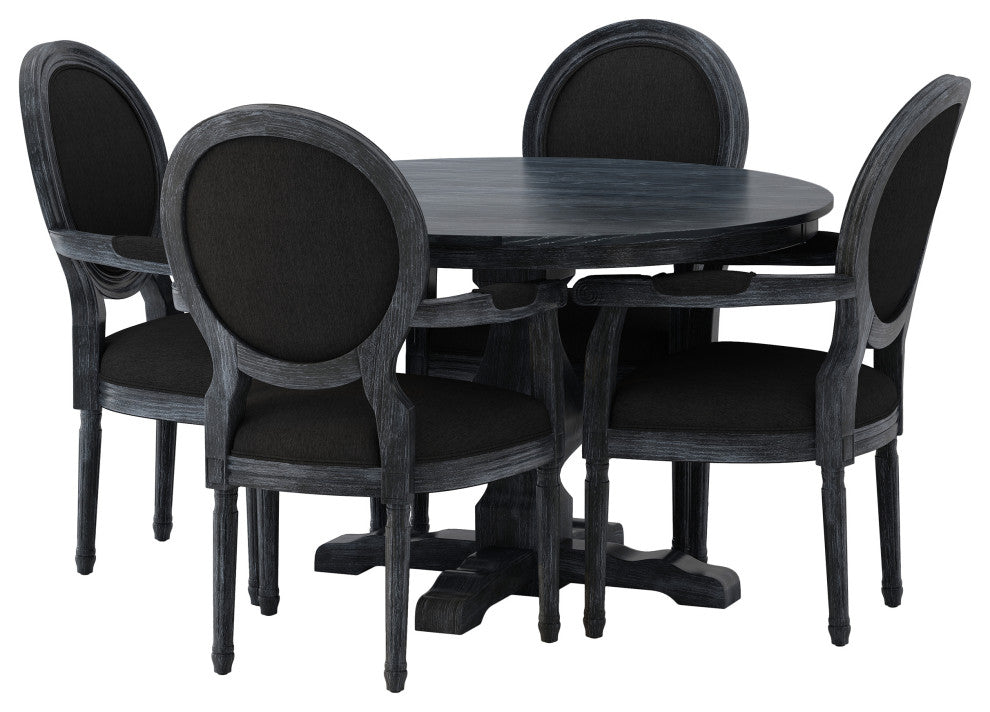 Bryan French Country Fabric Upholstered Wood 5-Piece Circular Dining Set, Gray/Black