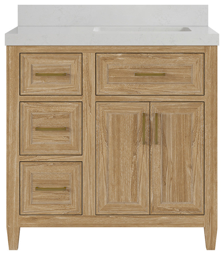 Santa Monica 36 Right Offset  Bath Vanity in Whitewashed Teak 2" Carrara Quartz
