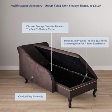 Nailhead Trim Velveteen Button-Tufted Storage Chaise, Brown
