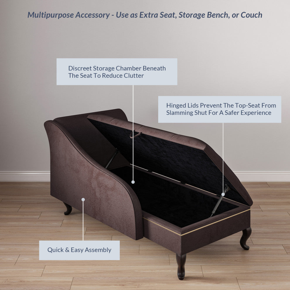 Nailhead Trim Velveteen Button-Tufted Storage Chaise, Brown
