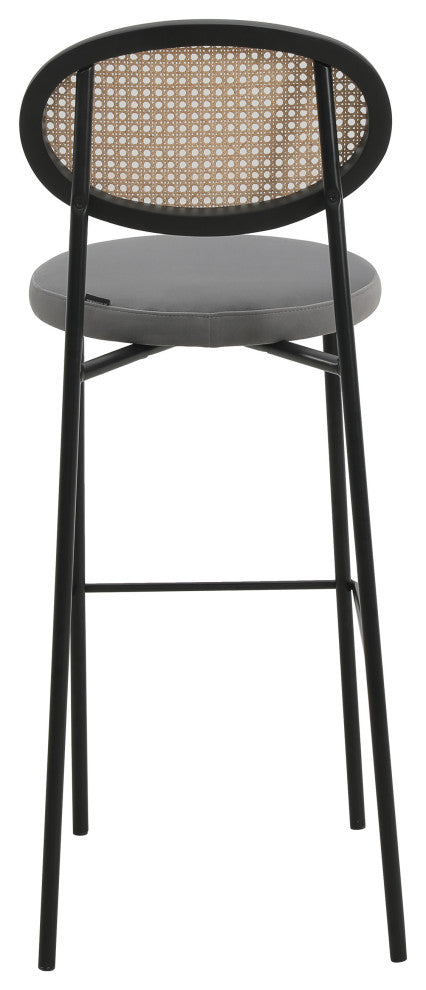 LeisureMod Euston Wicker Bar Stool With Black Steel Frame and Footrest, Gray