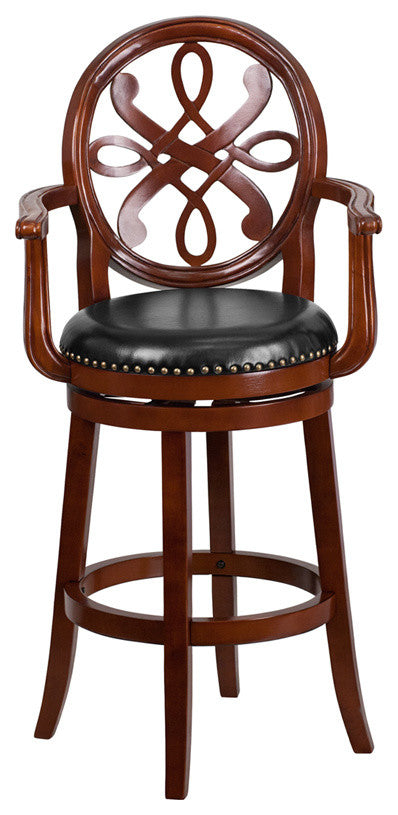 30" High Cherry Wood Barstool With Arms and Black Leather Swivel Seat