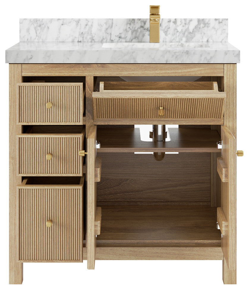 Sonoma 36 Right Offset Bath Vanity in Light Natural Teak with 2" Carrara Marble