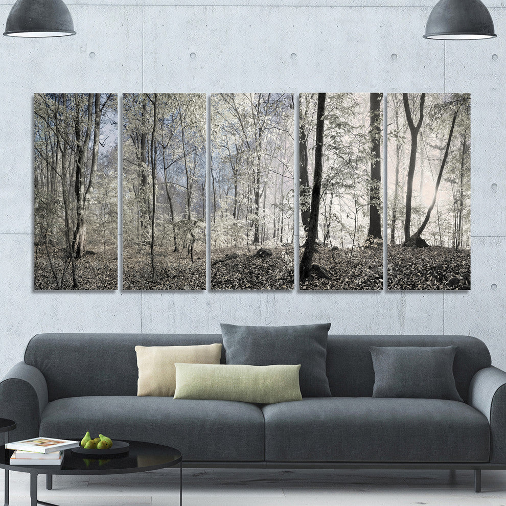 Dark Morning in Forest Panorama, Landscape Canvas Art Print, 60"x28", 5 Panels
