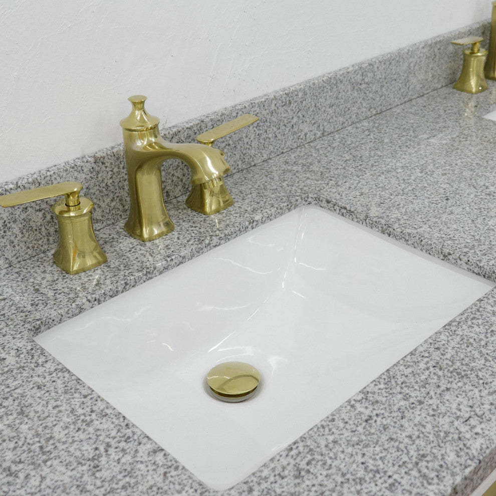 61" Double Sink Vanity, White Finish With Gray Granite And Rectangle Sink