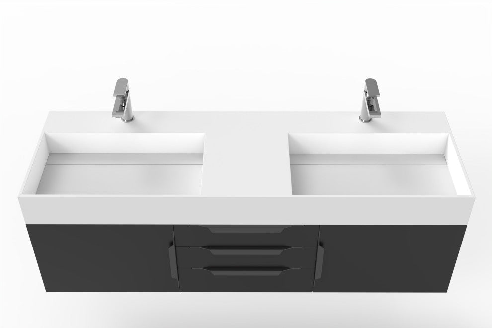 CastelloUSA Amazon 60" Wall Mounted Bathroom Vanity Set, Black, White Top, Black Handles