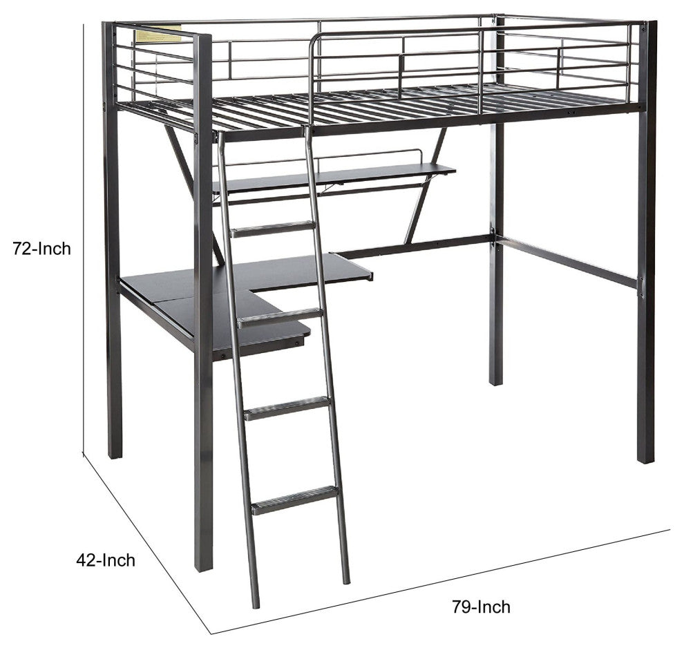 Benzara BM186052 Contemporary Metal Loft Bed With Desk, Black and Silver